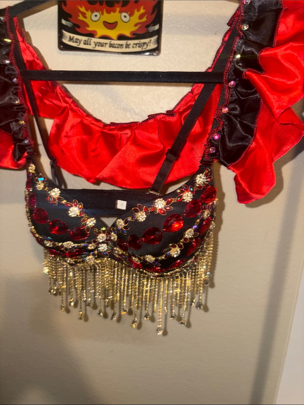 NEW Embellished  Red & Black Sequin Fringe Crop Top and bottoms FULL SET small - Picture 6 of 8